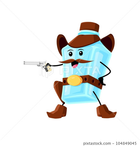 Cartoon pulque bottle cowboy and sheriff, bandit and robber, ranger mexican drink character. Isolated vector bold and rugged wrangler glass flask wielding a gun captures the spirit of the Wild West 104849045