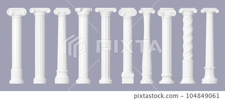 Antique greek marble columns, vintage roman isolated temple interior pillars. Isolated 3d vector classical, majestic, timeless architectural elements for buildings, crafted from exquisite white stone 104849061