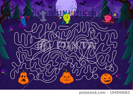 Kids labyrinth maze help to Halloween cartoon berry wizard find a holiday pumpkin lantern on cemetery. Vector board game with honeysuckle, grape and raspberry searching right entrance on tangled path 104849065