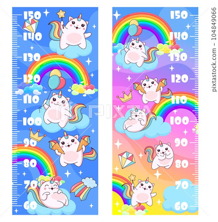 Kids height chart ruler with magic caticorn cat and kitten characters. Vector growth meter, wall sticker scale for children height measurement with cartoon heavenly feline unicorn fantasy personages 104849066