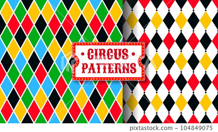 Circus harlequin patterns, rhombus lozenge pattern. Vector carnival bright multicolor seamless venetian ornament. Argyle classic fabric design. Diamond simple background. Joker geometric wallpaper Circus harlequin patterns, rhombus lozenge pattern. Vector carnival bright multicolor seamless venetian ornament. Argyle classic fabric design. Diamond simple background. Joker geometric wallpaper 104849075