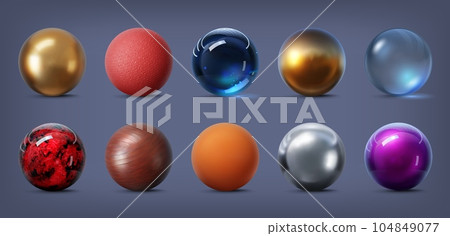 3d texture spheres. Gold, silver, metal and glass, stone and rubber, chrome and ice ball. Isolated vector spherical objects set with intricate patterns that create a tactile and immersive experience 3d texture spheres. Gold, silver, metal and glass, stone and rubber, chrome and ice ball. Isolated vector spherical objects set with intricate patterns that create a tactile and immersive experience 104849077