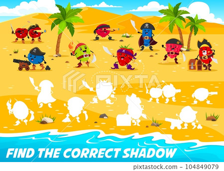 Find the correct shadow of funny berry pirates and corsairs on island. Kids vector game worksheet with cherry, blueberry, gooseberry, cranberry, strawberry and barberry or raspberry cartoon characters Find the correct shadow of funny berry pirates and corsairs on island. Kids vector game worksheet with cherry, blueberry, gooseberry, cranberry, strawberry and barberry or raspberry cartoon characters 104849079
