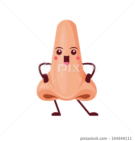 Cartoon nose character, funny vector part of face personage. Learning human body with kids. Anatomy or otolaryngology science for children education and playing, isolated cute smiling healthy nose Cartoon nose character, funny vector part of face personage. Learning human body with kids. Anatomy or otolaryngology science for children education and playing, isolated cute smiling healthy nose 104849111