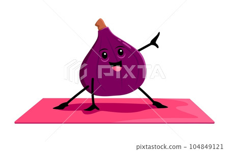 Cartoon figs fruit character on yoga or pilates fitness sport. Vector funny comic personage, cute tropical fruit stand in yogi pose practicing stretching class or health care practice in gym Cartoon figs fruit character on yoga or pilates fitness sport. Vector funny comic personage, cute tropical fruit stand in yogi pose practicing stretching class or health care practice in gym 104849121