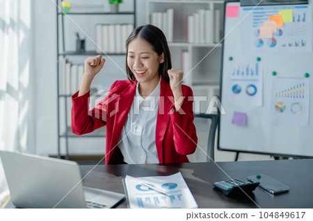 Business, finance and employment, female successful entrepreneurs concept. Confident smiling asian businesswoman, using laptop at work 104849617