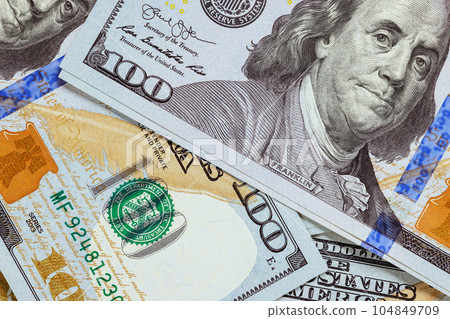 Close up front side one hundred paper dollars bill United States of America Banknotes Close up front side one hundred paper dollars bill United States of America Banknotes 104849709