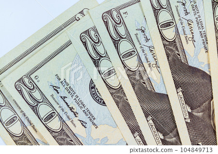 Close-up shot design and details on front side twenty-dollar bill, which is part United States of America Banknotes Close-up shot design and details on front side twenty-dollar bill, which is part United States of America Banknotes 104849713