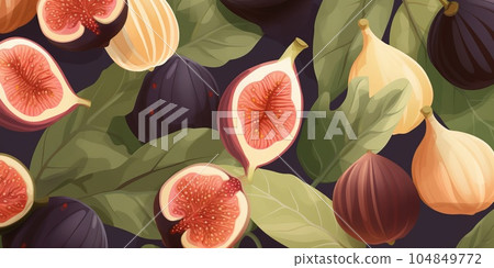 Fresh Organic Fig Fruit Cartoon Horizontal Background Illustration. Healthy Vegetarian Diet. Ai Generated Drawning Background Illustration with Delicious Juicy Fig Fruit. 104849772