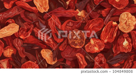 Organic Dried Tomatoes Vegetable Cartoon Horizontal Background Illustration. Healthy Vegetarian Energy Snack. Ai Generated Drawning Background Illustration with Delicious Chewy Dried Tomatoes. 104849808
