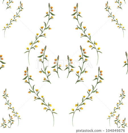 Graceful seamless ornament with yellow meadow flowers. Watercolor floral pattern . Abstract ornate isolated on white background. Print for fabric, textile, scrapbooking, wrapping, fashion. Graceful seamless ornament with yellow meadow flowers. Watercolor floral pattern . Abstract ornate isolated on white background. Print for fabric, textile, scrapbooking, wrapping, fashion. 104849876