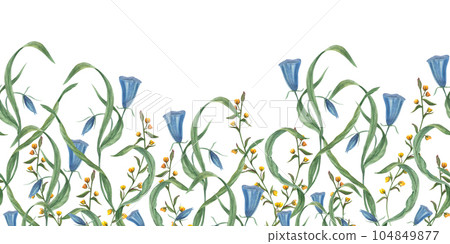 Abstract beautiful blue and yellow flowers on white background. Seamless border with wild bells, green leaves, stems. Watercolor illustration for poster, scrapbooking, background, prints, textile 104849877