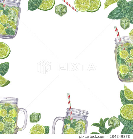 Watercolor frame of fresh cold mojito and its ingredients. Composition isolated on white. Space for text. Lime slices, mint branch, mason jar, tube. Botanical illustration for card design, menu Watercolor frame of fresh cold mojito and its ingredients. Composition isolated on white. Space for text. Lime slices, mint branch, mason jar, tube. Botanical illustration for card design, menu 104849878