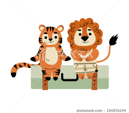 Funny Tiger and Lion Traveler Character Sitting on Trunk Vector Illustration Funny Tiger and Lion Traveler Character Sitting on Trunk Vector Illustration 104850244