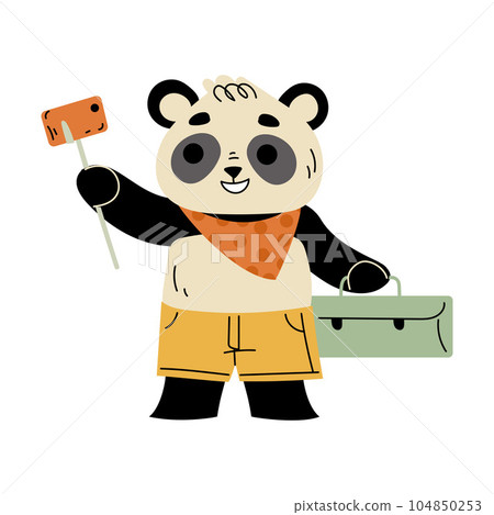 Funny Panda Traveler Character Taking Selfie with Smartphone and Stick Vector Illustration Funny Panda Traveler Character Taking Selfie with Smartphone and Stick Vector Illustration 104850253
