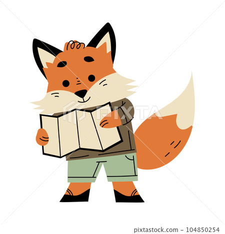 Funny Red Fox Traveler Character Watching Map Vector Illustration Funny Red Fox Traveler Character Watching Map Vector Illustration 104850254
