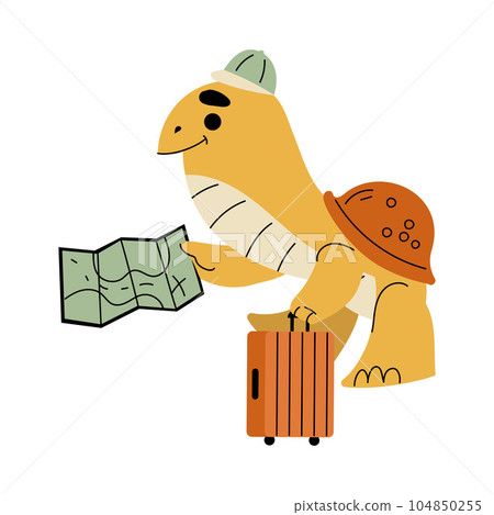 Funny Turtle Traveler Character with Suitcase and Map Vector Illustration Funny Turtle Traveler Character with Suitcase and Map Vector Illustration 104850255