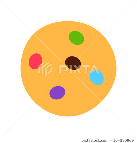 Crunchy cookie with colorful candy isolated on white background. Gourmet crispy meal sign or logo flat design. Baked wholemeal wheat round dessert. Minimal tasty snack object illustration. Crunchy cookie with colorful candy isolated on white background. Gourmet crispy meal sign or logo flat design. Baked wholemeal wheat round dessert. Minimal tasty snack object illustration. 104850969