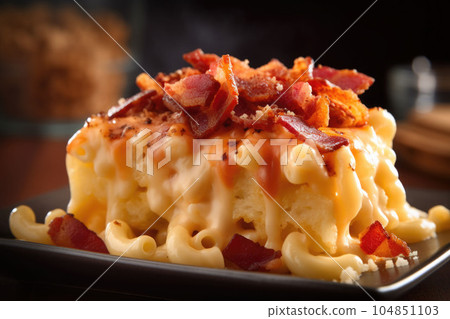 Appetizing mac and cheese in bowl with bacon on top baked in oven. Generative AI Appetizing mac and cheese in bowl with bacon on top baked in oven. Generative AI 104851103