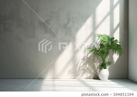 Minimalist interior design with shadows and sunlight. Composition of plants in pot. Generative AI Minimalist interior design with shadows and sunlight. Composition of plants in pot. Generative AI 104851104