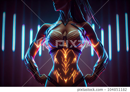 Fitness woman torso in sports clothing looking down. Young female model with muscular body in futuristic style with neon colours Fitness woman torso in sports clothing looking down. Young female model with muscular body in futuristic style with neon colours 104851182