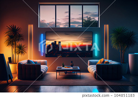 Living room interior with sofa and coffee table in the evening with neon lights Living room interior with sofa and coffee table in the evening with neon lights 104851183