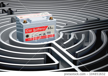 Car battery inside labyrinth maze. 3D rendering 104851632