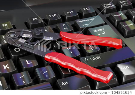 Crimper, crimp tool on the keyboard, 3D rendering Crimper, crimp tool on the keyboard, 3D rendering 104851634