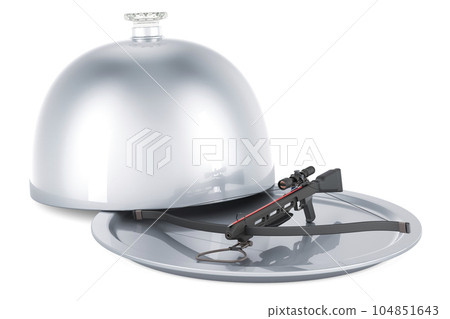 Restaurant cloche with hunting crossbow, 3D rendering 104851643