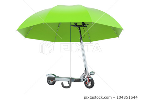 Motorized scooter under umbrella, 3D rendering Motorized scooter under umbrella, 3D rendering 104851644