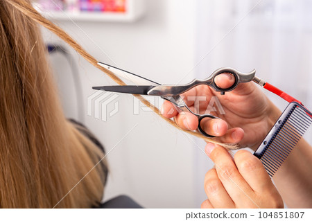 Professional hair stylist holding comb and hot thermal scissors cutting tips of long straight hair lock closeup. 104851807
