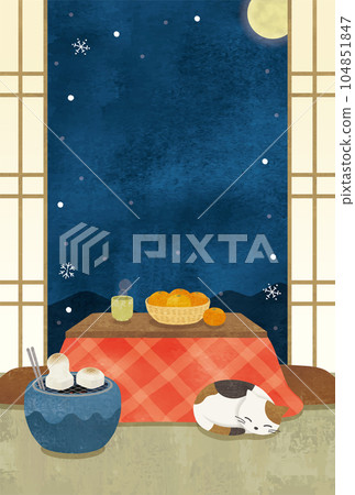 Cat watercolor painting sleeping in a Japanese-style kotatsu with snow Cat watercolor painting sleeping in a Japanese-style kotatsu with snow 104851847