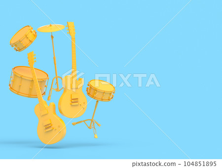 Set of electric acoustic guitar and drums with metal cymbals on blue background 104851895