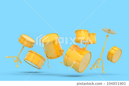 Set of drums and drumset with metal cymbals on blue background Set of drums and drumset with metal cymbals on blue background 104851901