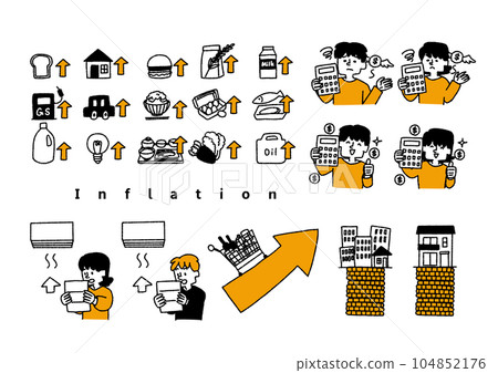 Illustration set related to inflation such as rising prices, soaring prices, soaring fuel prices Illustration set related to inflation such as rising prices, soaring prices, soaring fuel prices 104852176