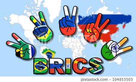 BRICS Brazil, Russia, India, China, and South Africa. Five stylized hands, with the flags of their respective countries, make the peace sign 104853503