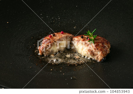 Cheese-in Hamburger Meat Dish Hamburger Steak Cross Section Cheese-in Hamburger Meat Dish Hamburger Steak Cross Section 104853943