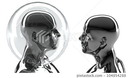 3D illustration. A couple of metal mannequins and one of them in a security bubble.  104854288