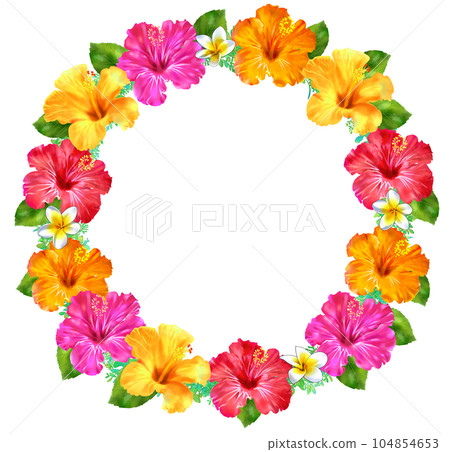 Hibiscus and plumeria wreath circular frame Hibiscus and plumeria wreath circular frame 104854653