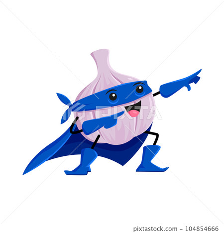 Cartoon garlic super hero vegetable character. Isolated vector funny fantasy warrior personage posing with raised arm. Fairytale powerful vigilante in cloak and mask. Healthy brave vitamin food Cartoon garlic super hero vegetable character. Isolated vector funny fantasy warrior personage posing with raised arm. Fairytale powerful vigilante in cloak and mask. Healthy brave vitamin food 104854666