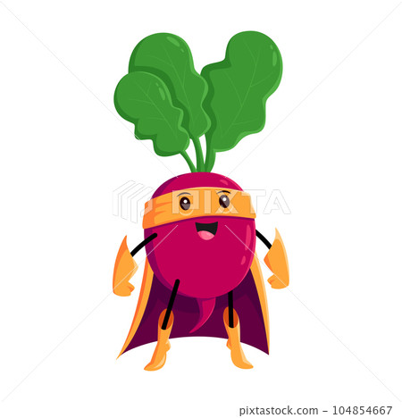 Cartoon radish vegetable super hero character. Isolated vector Funny fairytale comics book vitamin in cape and mask, healthy food, superhero personage in cloak with super power ready for adventure Cartoon radish vegetable super hero character. Isolated vector Funny fairytale comics book vitamin in cape and mask, healthy food, superhero personage in cloak with super power ready for adventure 104854667