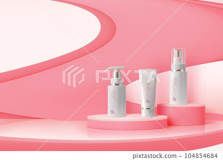 Pink or coral podium with cosmetics. Vector background with natural moisturizing cosmetic product bottles. Cream tubes luxury skin or face care production mockup standing in studio showroom interior 104854684