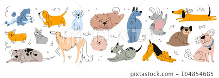 Cute dogs and puppies set, cartoon happy canine characters in different poses. Funny pets standing, lying, playing, sitting, gnaw bone. Line art vector color dachshund, poodle, spitz, pug, dalmatian 104854685