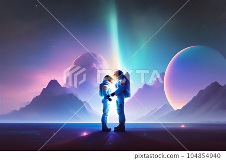 Illustration of an astronaut couple staring at each other on a starry planet Illustration of an astronaut couple staring at each other on a starry planet 104854940