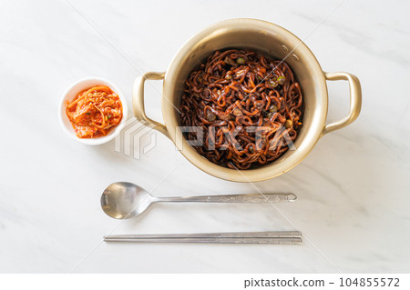 Korean black spaghetti or instant noodle with roasted chajung sauce Korean black spaghetti or instant noodle with roasted chajung sauce 104855572