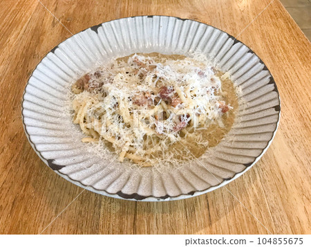 Bucatini Cacio e Pepe pasta with bacon Bucatini Cacio e Pepe pasta with bacon 104855675