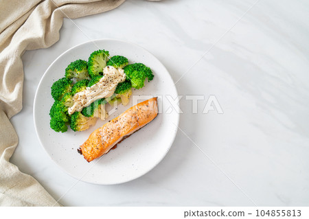 grilled salmon fillet steak with broccoli grilled salmon fillet steak with broccoli 104855813