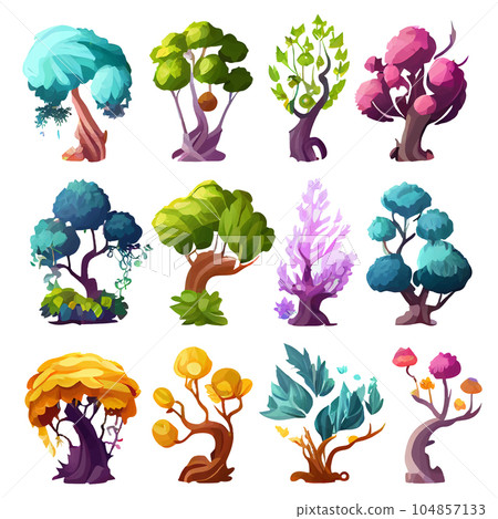 vector set illustration in cartoon style of magical mystical tree 104857133