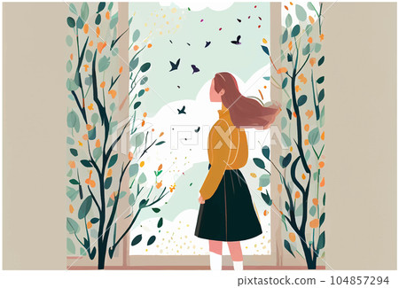 vector illustration of woman looking at window with plants and flowers vector illustration of woman looking at window with plants and flowers 104857294