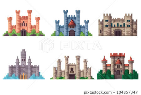 vector set pixel illustration in cartoon style protected concept knightly castle 104857347
